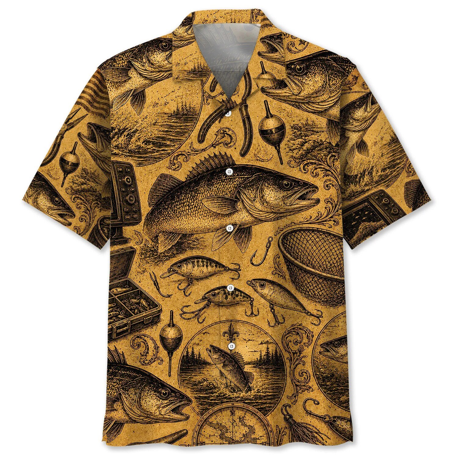 Vintage Walleye Fishing Pattern Hawaiian Shirt for Men
