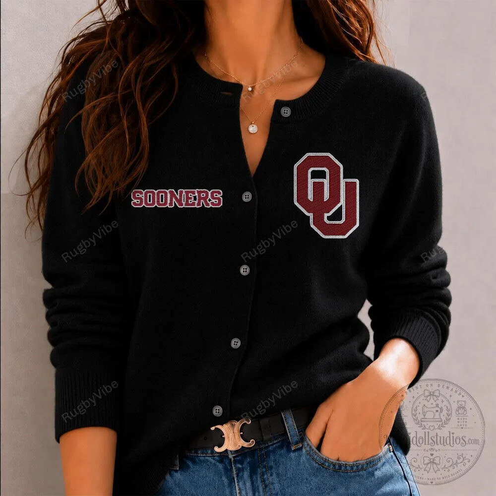 Oklahoma Sooners Women's Embroidered Logo Black Cardigan Sweater