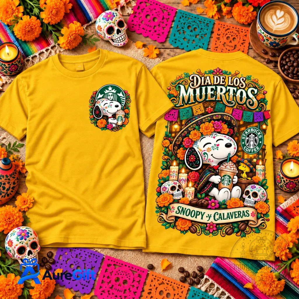 Starbucks Coffee Calaveras Graphic T-Shirt featuring Snoopy for Dia de los Muertos Starbucks Coffee Calaveras Graphic T-Shirt featuring Snoopy for Dia de los Muertos