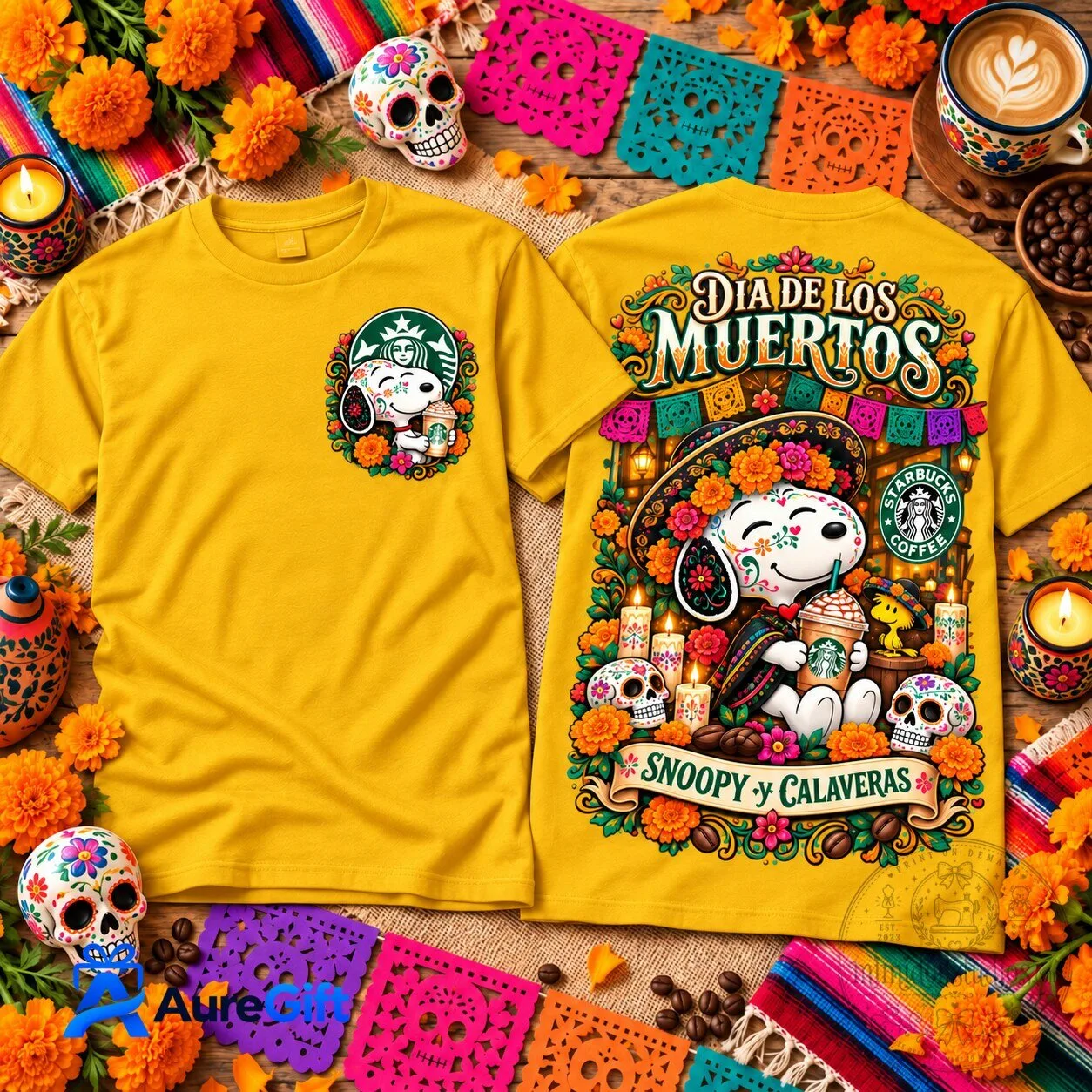 Starbucks Coffee Calaveras Graphic T-Shirt featuring Snoopy for Dia de los Muertos