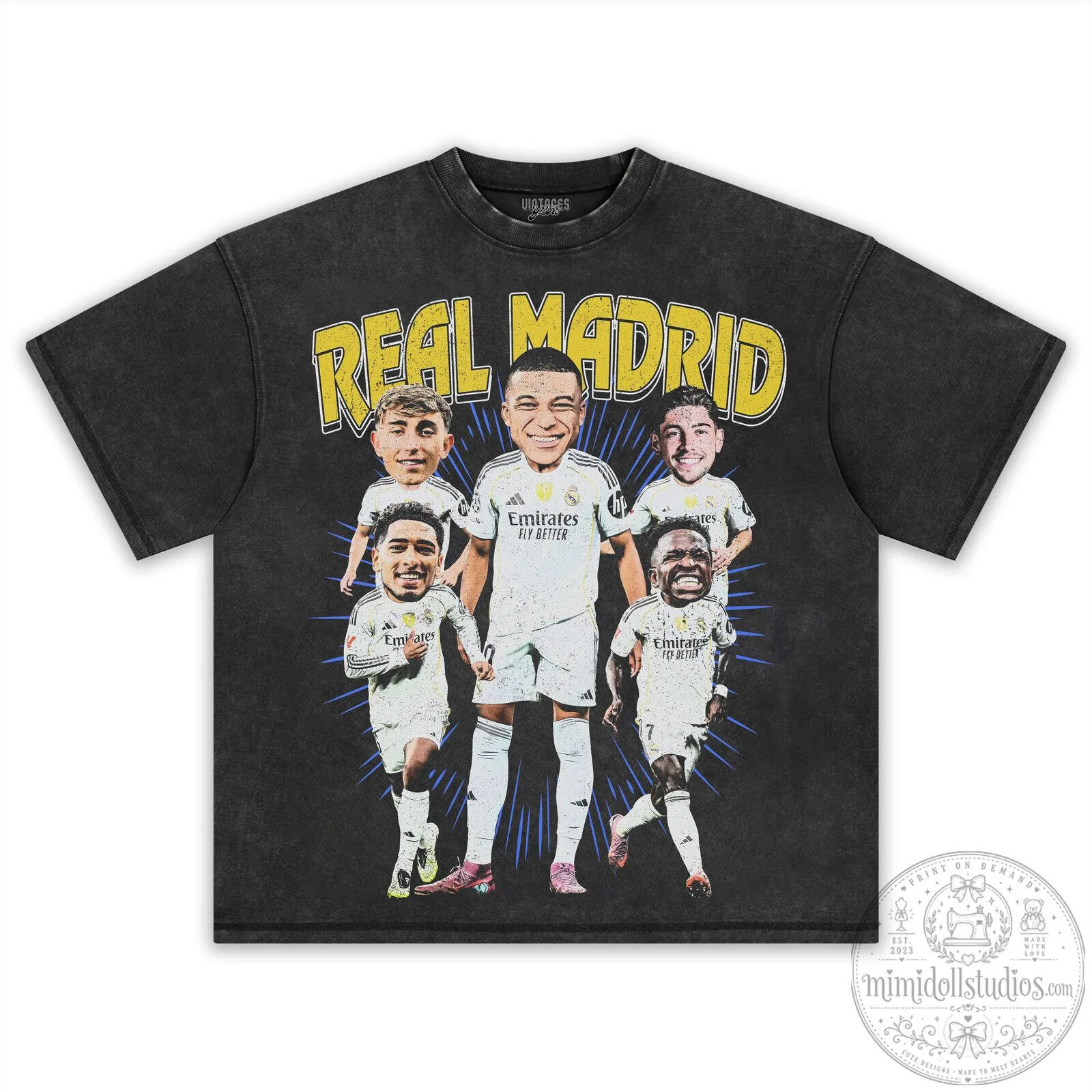 Black Graphic T-Shirt Featuring Caricature Players of Real Madrid Football Club 29 Black Graphic T-Shirt Featuring Caricature Players of Real Madrid Football Club