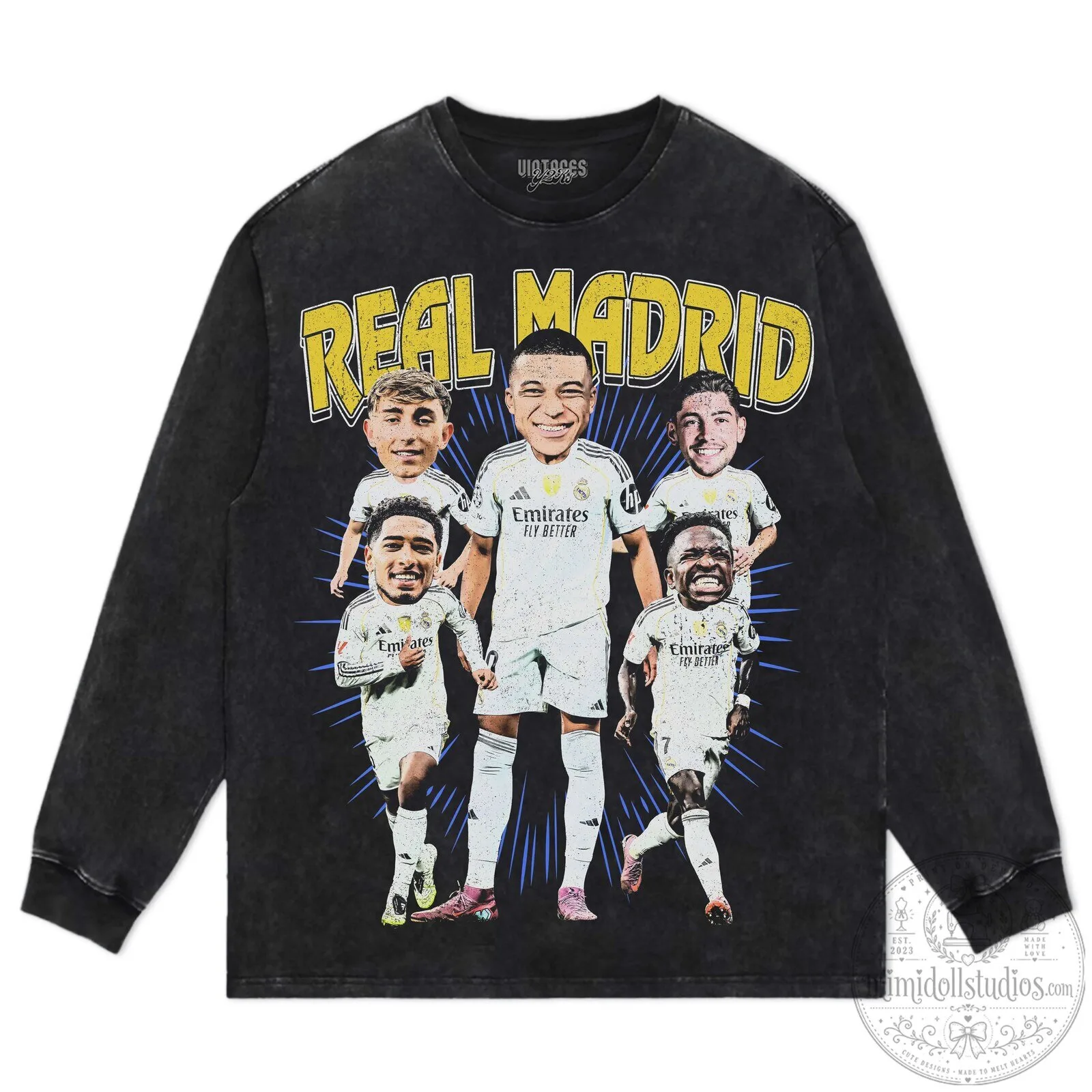 Black Graphic T-Shirt Featuring Caricature Players of Real Madrid Football Club 33 Black Graphic T-Shirt Featuring Caricature Players of Real Madrid Football Club