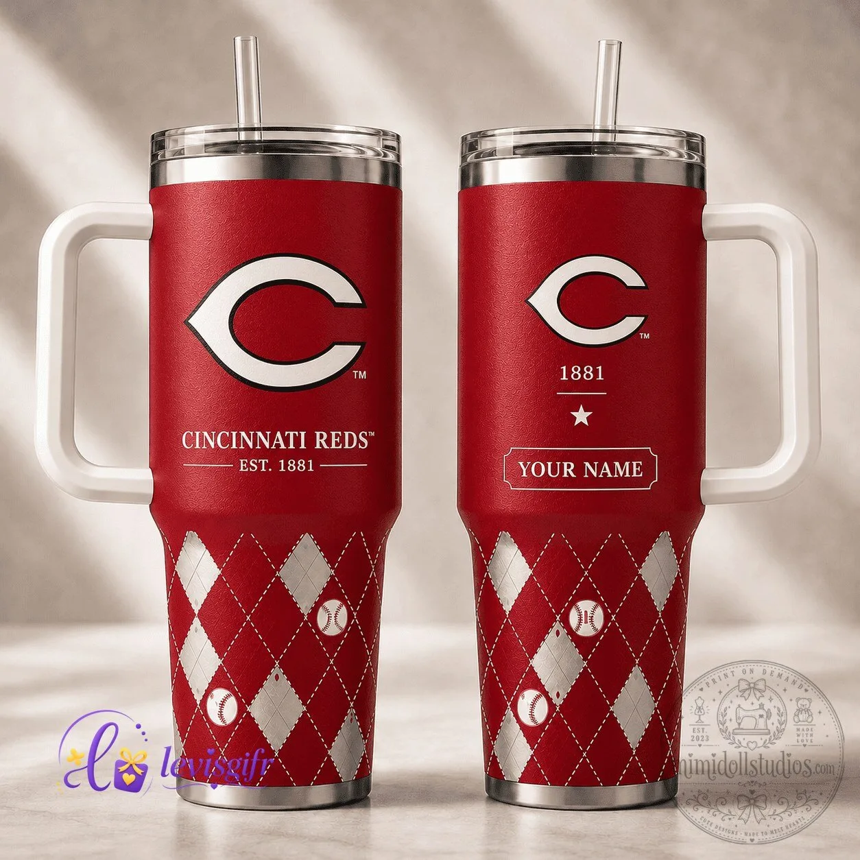 Cincinnati Reds Baseball Team Personalized Red Argyle Pattern Tumbler