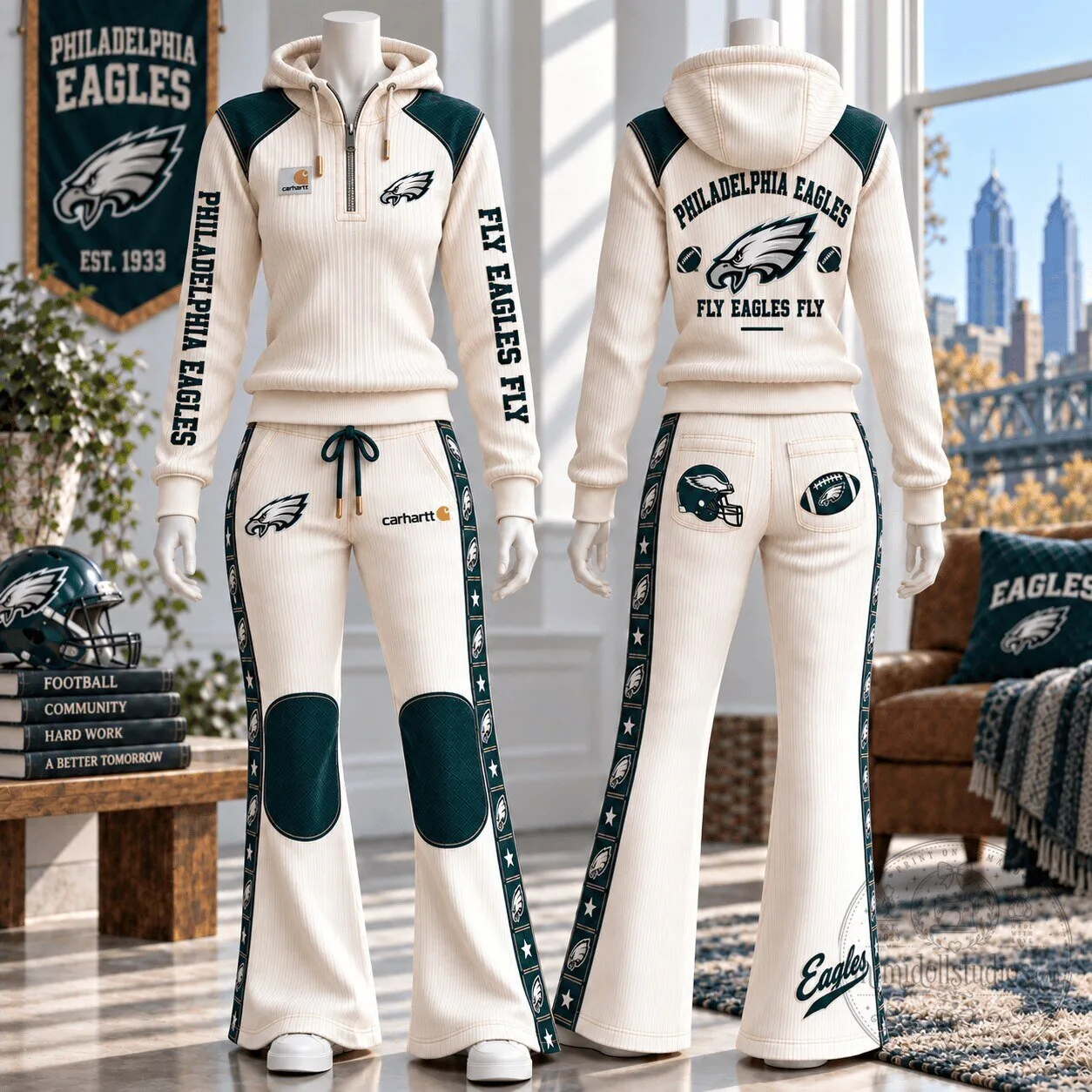Philadelphia Eagles Women's Cream Half-Zip Hoodie and Flare Pants Set