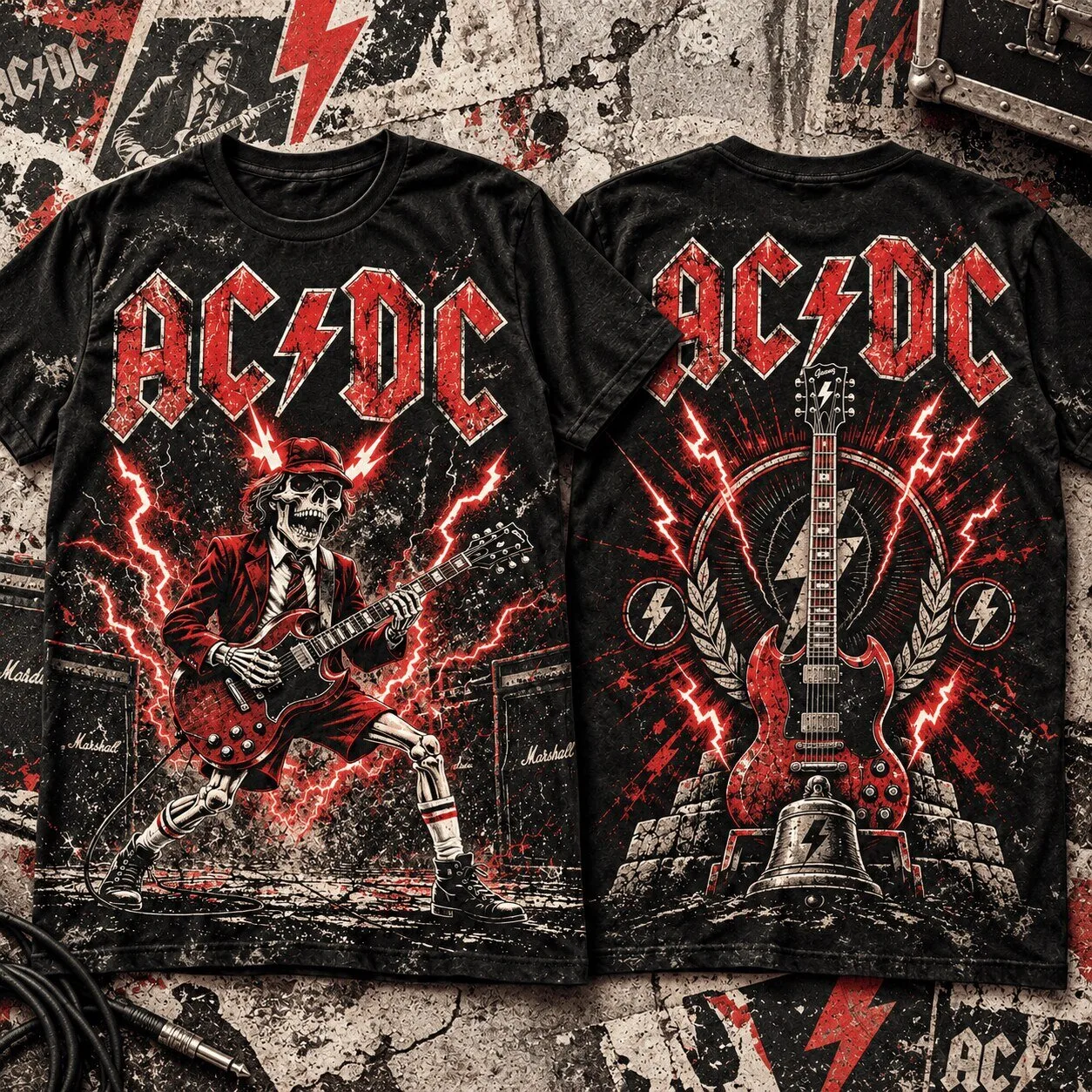 AC/DC Thunderstruck Skeleton Guitar Rock Band Concert Graphic T-Shirt 7 AC/DC Thunderstruck Skeleton Guitar Rock Band Concert Graphic T-Shirt