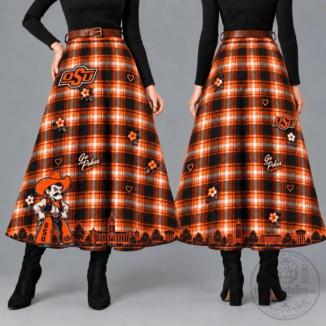 Oklahoma State Cowboys Women's Orange Plaid Maxi Skirt with Pockets