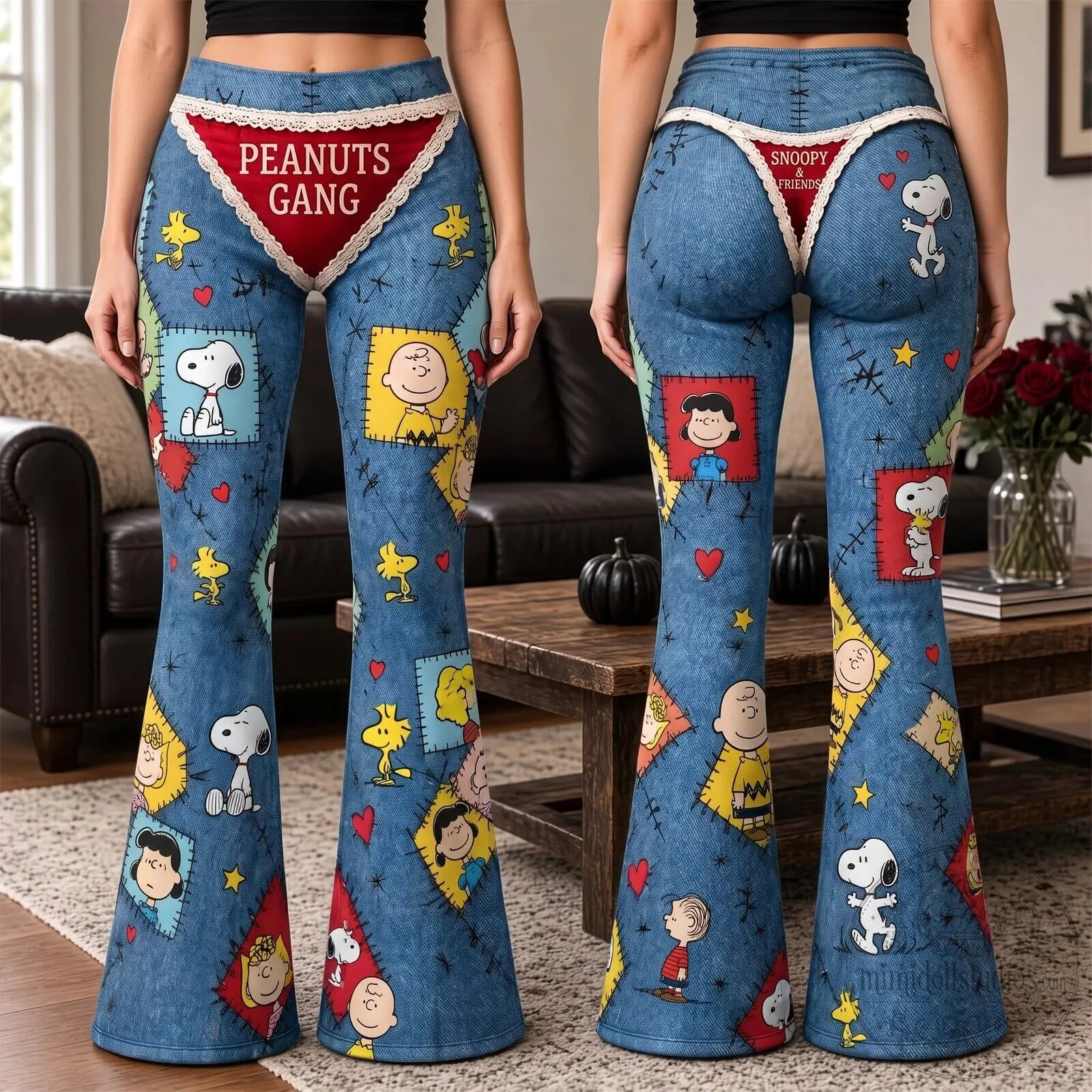 Snoopy Peanuts Gang Patchwork Denim Style Flare Leggings