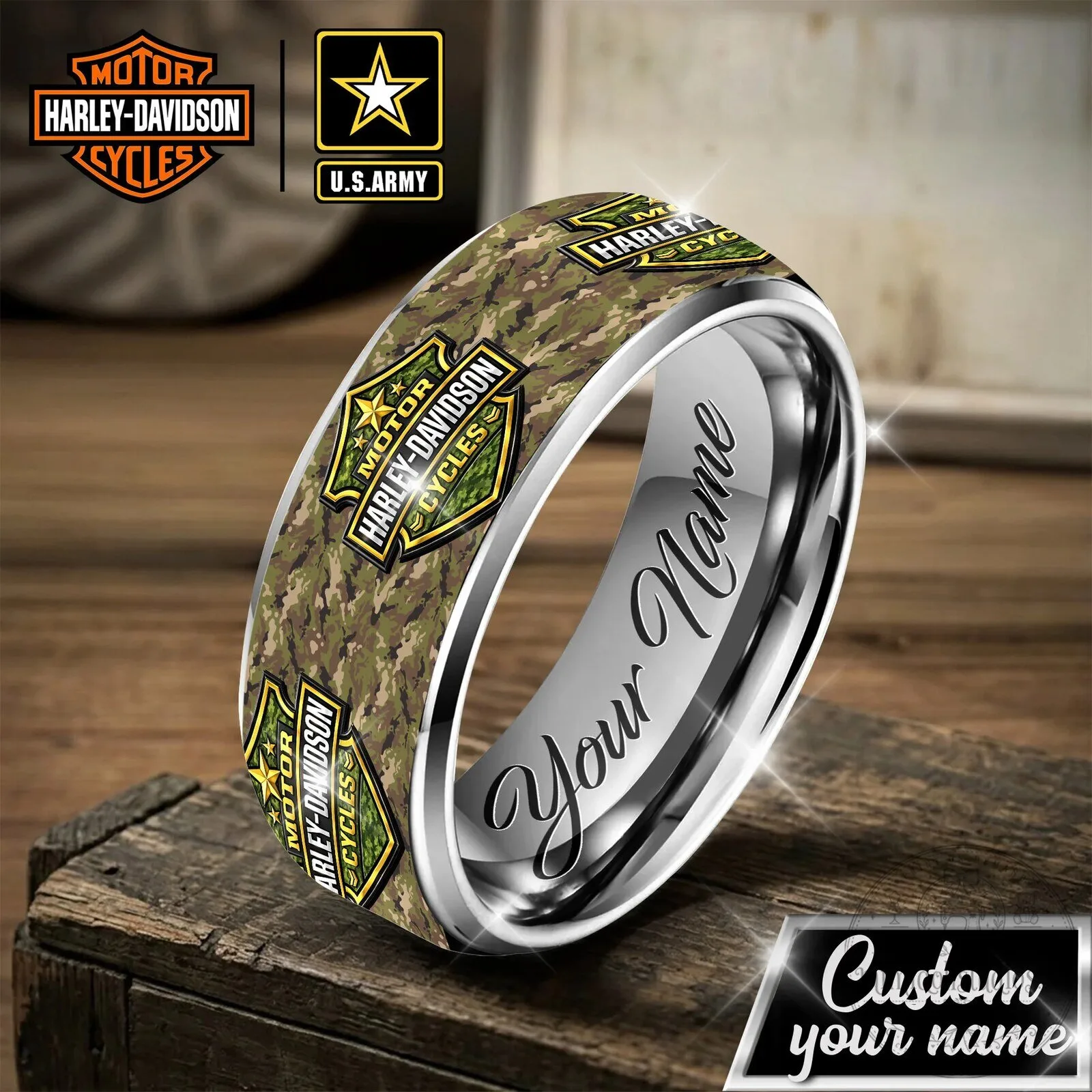 Harley Davidson United States Army Camouflage Personalized Stainless Steel Ring
