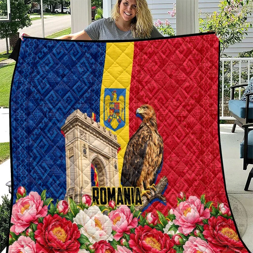 Romania Flag Eagle Arcul De Triumf Floral Peony Traditional Folk Pattern Quilt