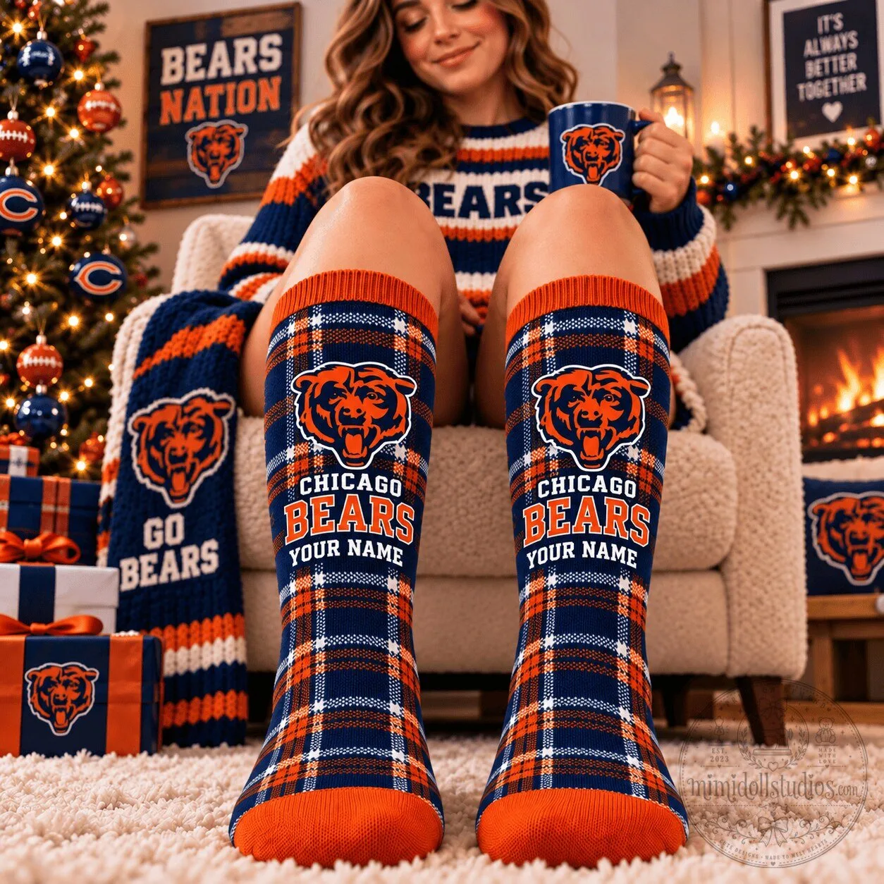 Chicago Bears Custom Name Plaid Pattern NFL Football Team Crew Socks