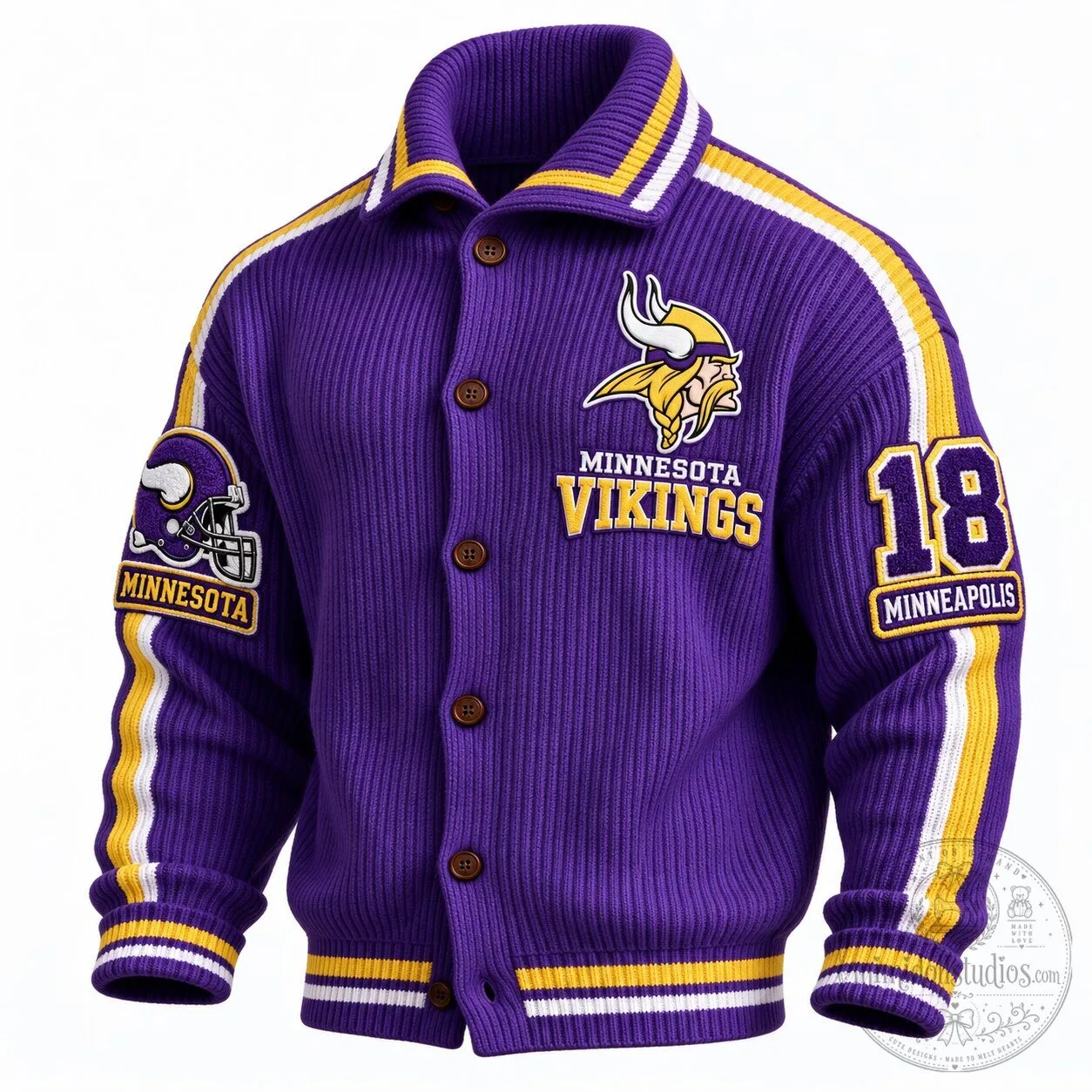 Minnesota Vikings Varsity Knit Cardigan Jacket with Button-Up Stand Collar 2 Minnesota Vikings Varsity Knit Cardigan Jacket with Button-Up Stand Collar