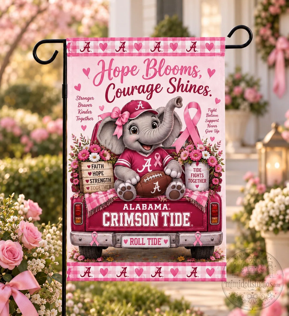 Alabama Crimson Tide Breast Cancer Awareness Elephant Hope Blooms Garden Flag