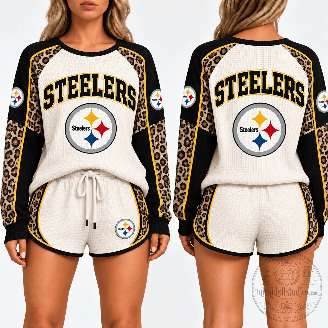 Pittsburgh Steelers Leopard Print Game Day Waffle Knit Lounge Sweatshirt and Shorts Set