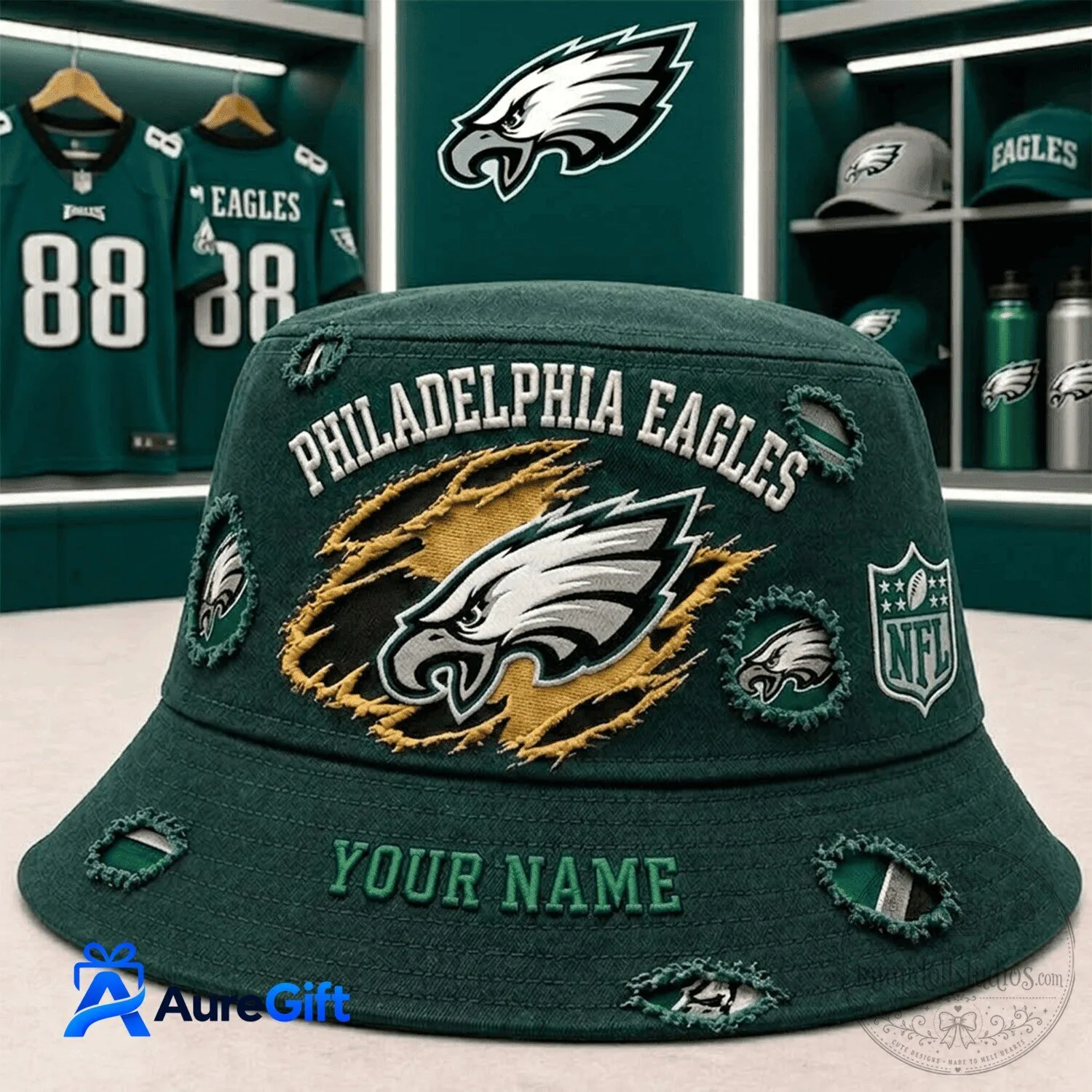 Philadelphia Eagles NFL Distressed Style Custom Name Bucket Hat