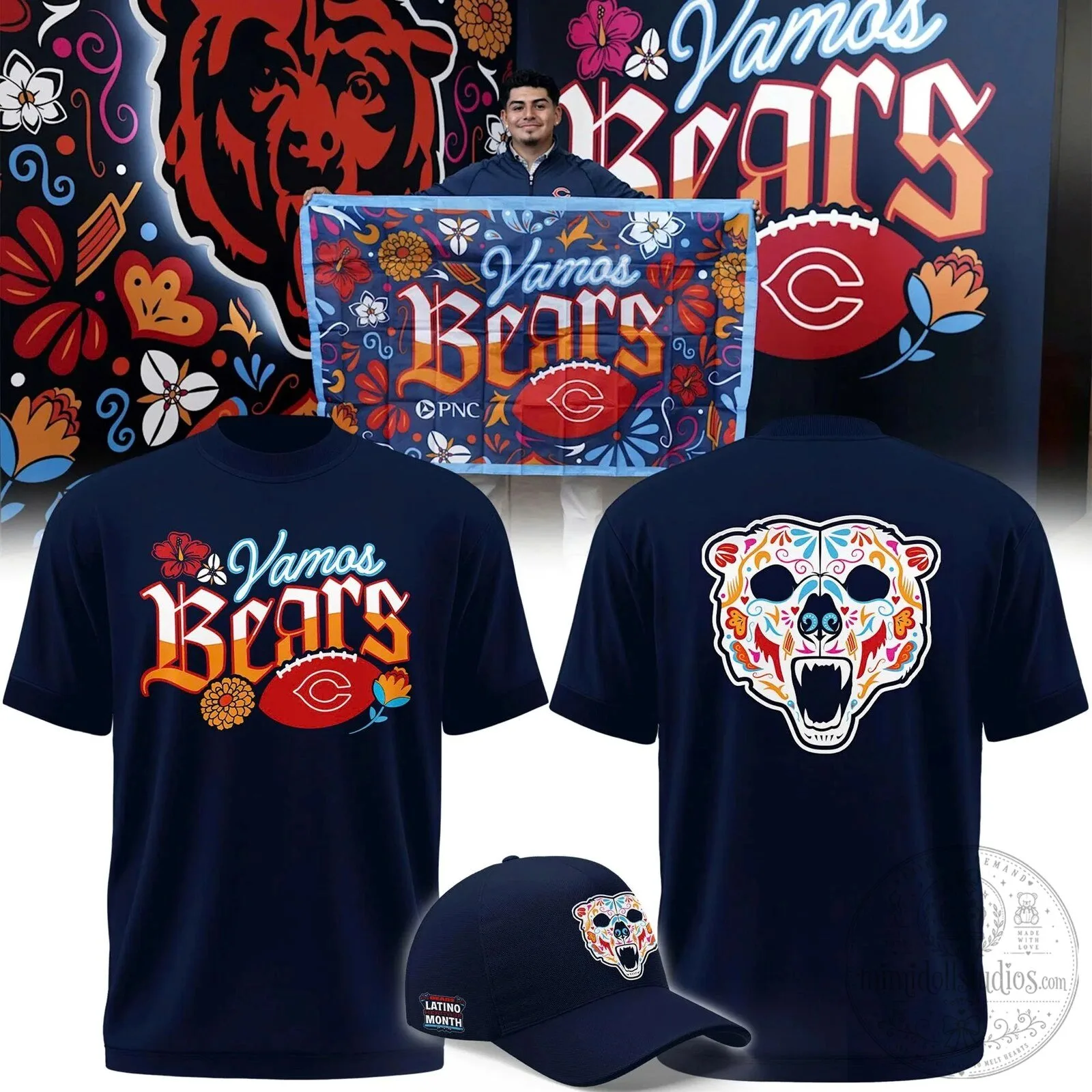 Vamos Bears Sugar Skull T-Shirt for Chicago Bears Latino Heritage Month