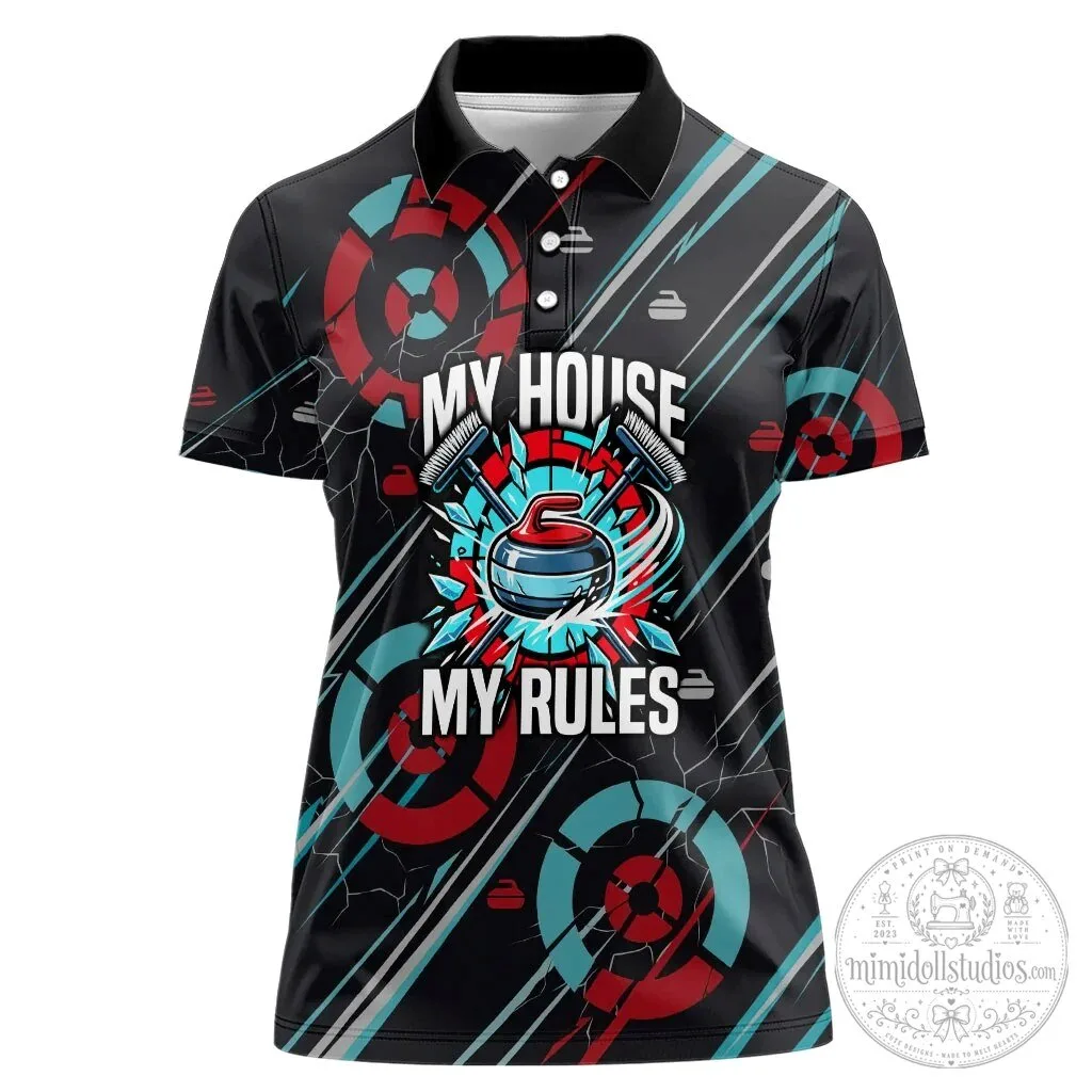 Curling My House My Rules Hurry Hard Vintage Retro Sports Quote Polo Shirt