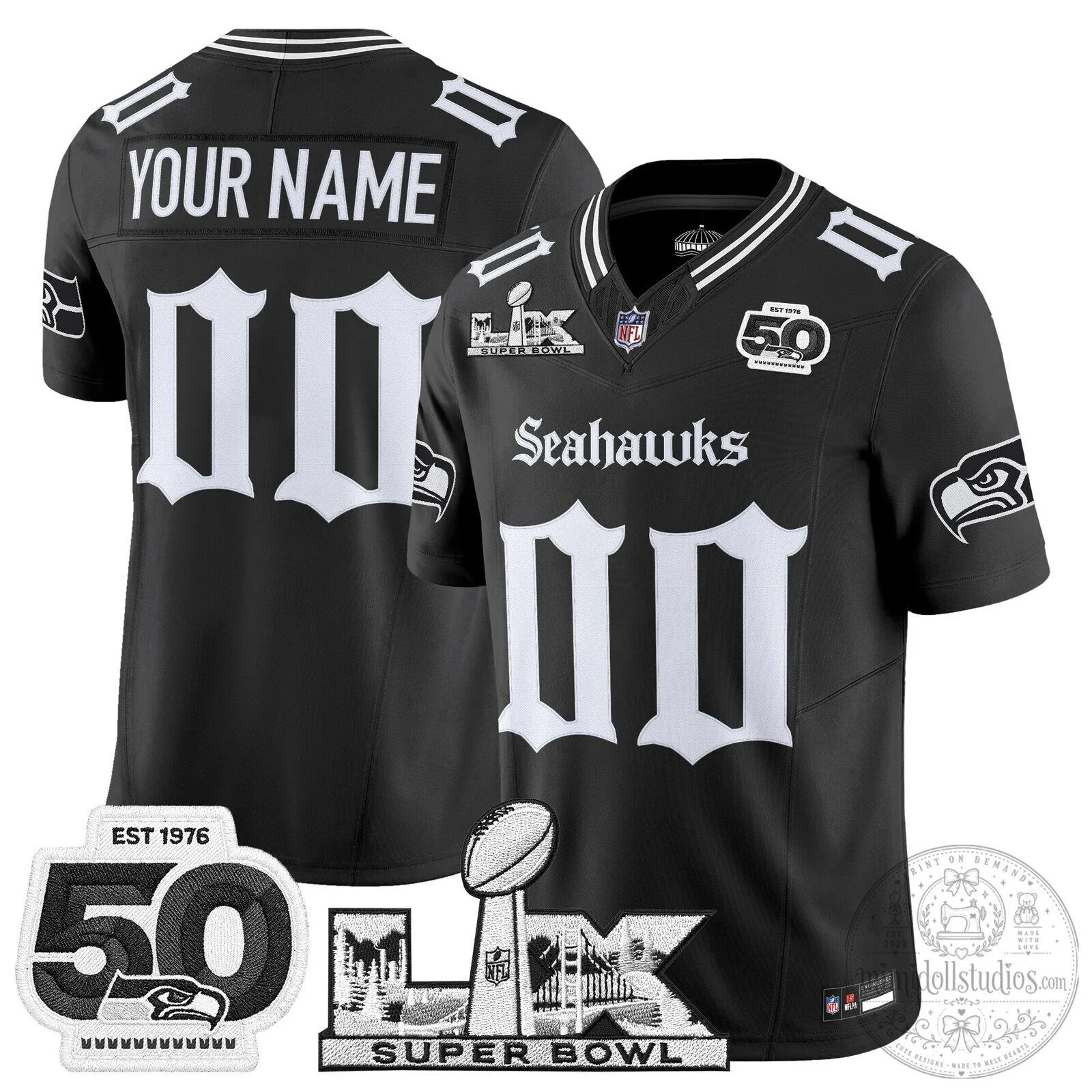 Black Football Jersey for Super Bowl LIX 50th Anniversary of Seattle Seahawks