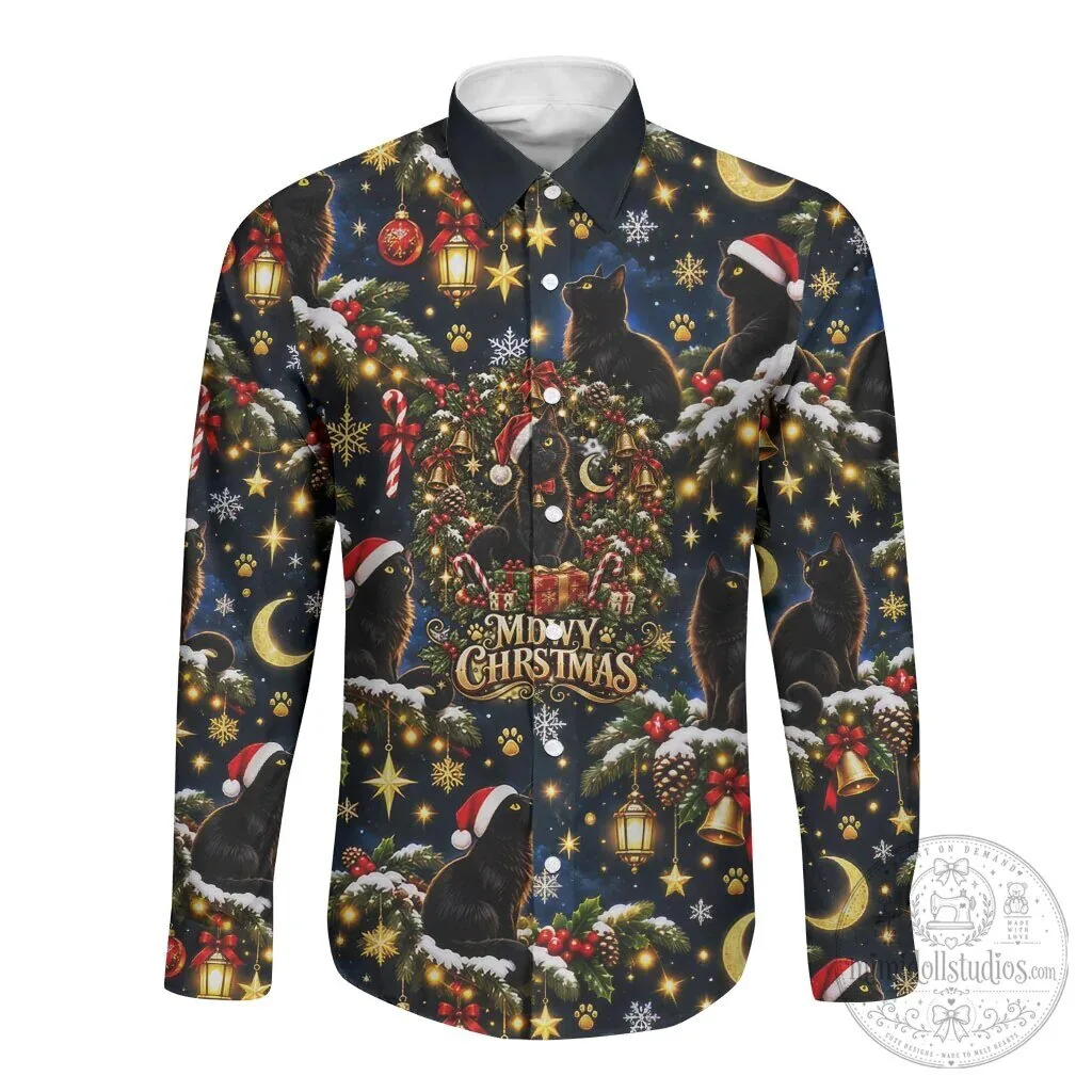 Black Cat Meowy Christmas Holiday Button-Up Long-Sleeve Shirt