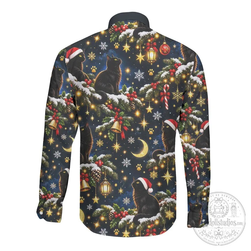 Black Cat Meowy Christmas Holiday Button-Up Long-Sleeve Shirt 5 Black Cat Meowy Christmas Holiday Button-Up Long-Sleeve Shirt