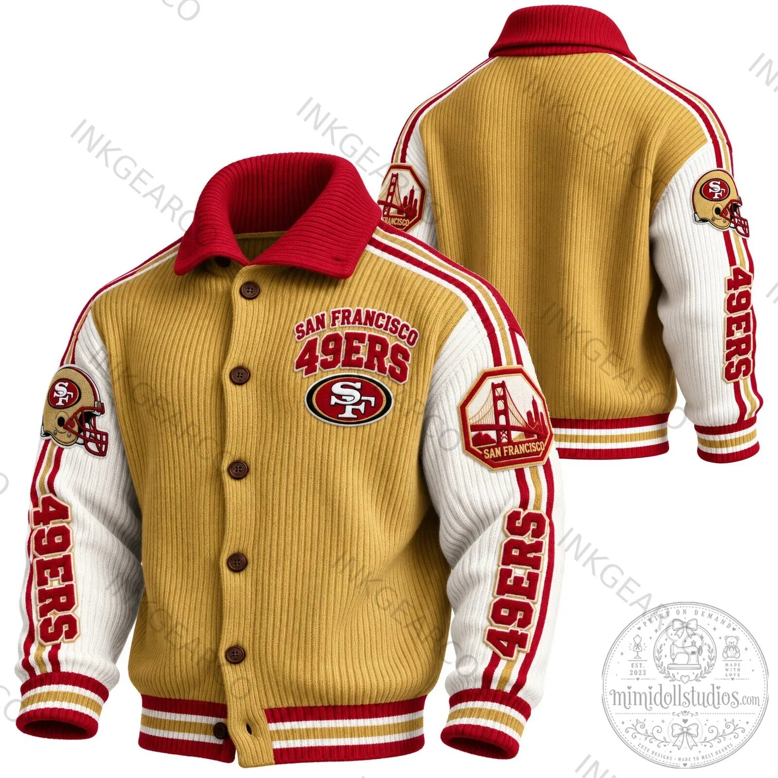 San Francisco 49ers NFL Football Team Gold and Red Knit Cardigan Jacket 1 San Francisco 49ers NFL Football Team Gold and Red Knit Cardigan Jacket