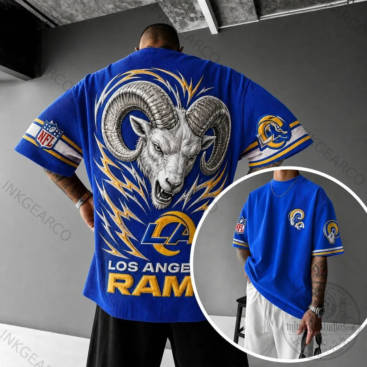 Los Angeles Rams NFL Football Team Blue Corduroy Oversized T-Shirt