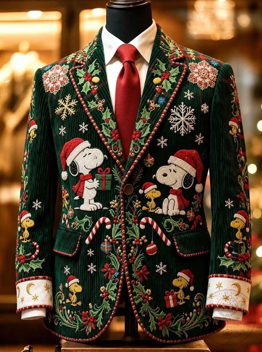 Snoopy Peanuts Christmas Holiday Embroidered Green Corduroy Suit Jacket Blazer