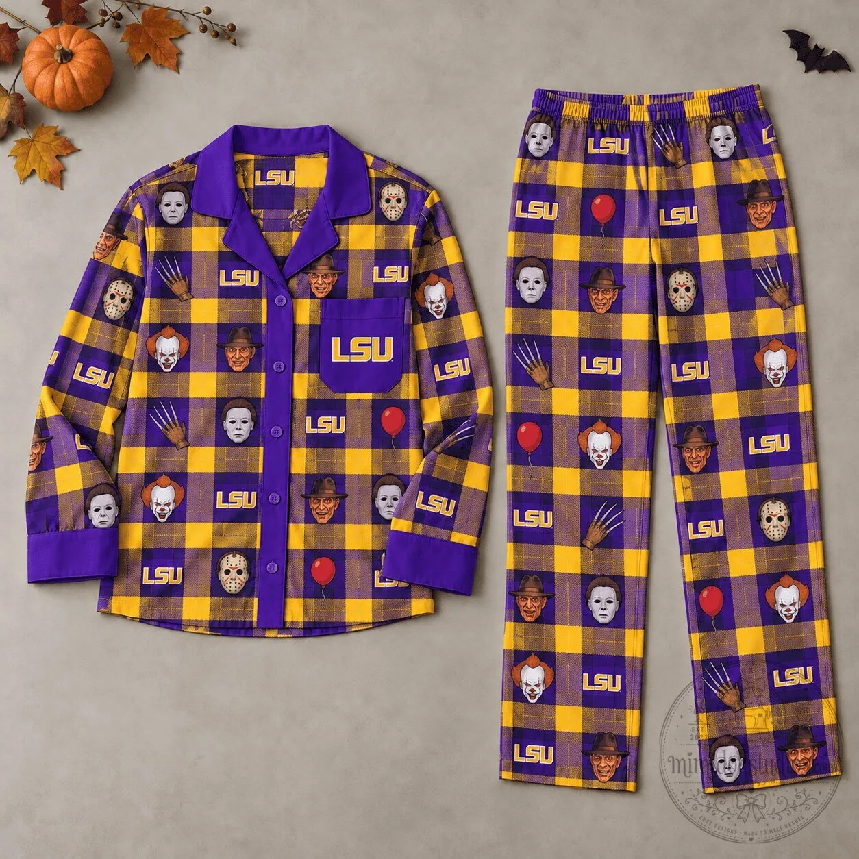 LSU Tigers Halloween Horror Movie Characters Plaid Button-Up Pajamas Set