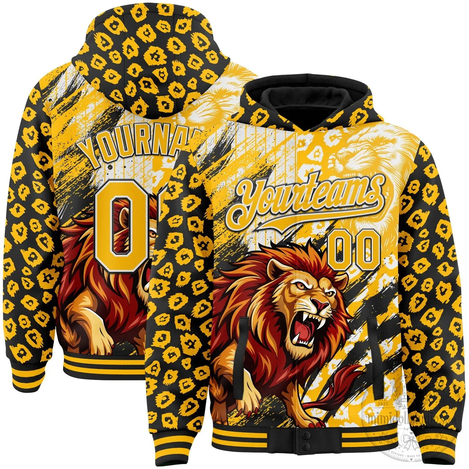 Roaring Lion Leopard Print Custom Number and Name Yellow Black Hoodie