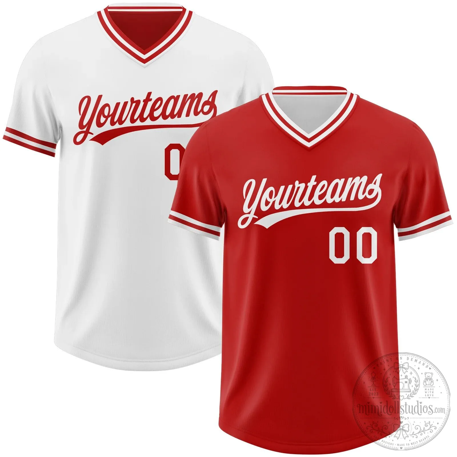 Custom Reversible Red and White V-Neck Baseball Jersey Shirt