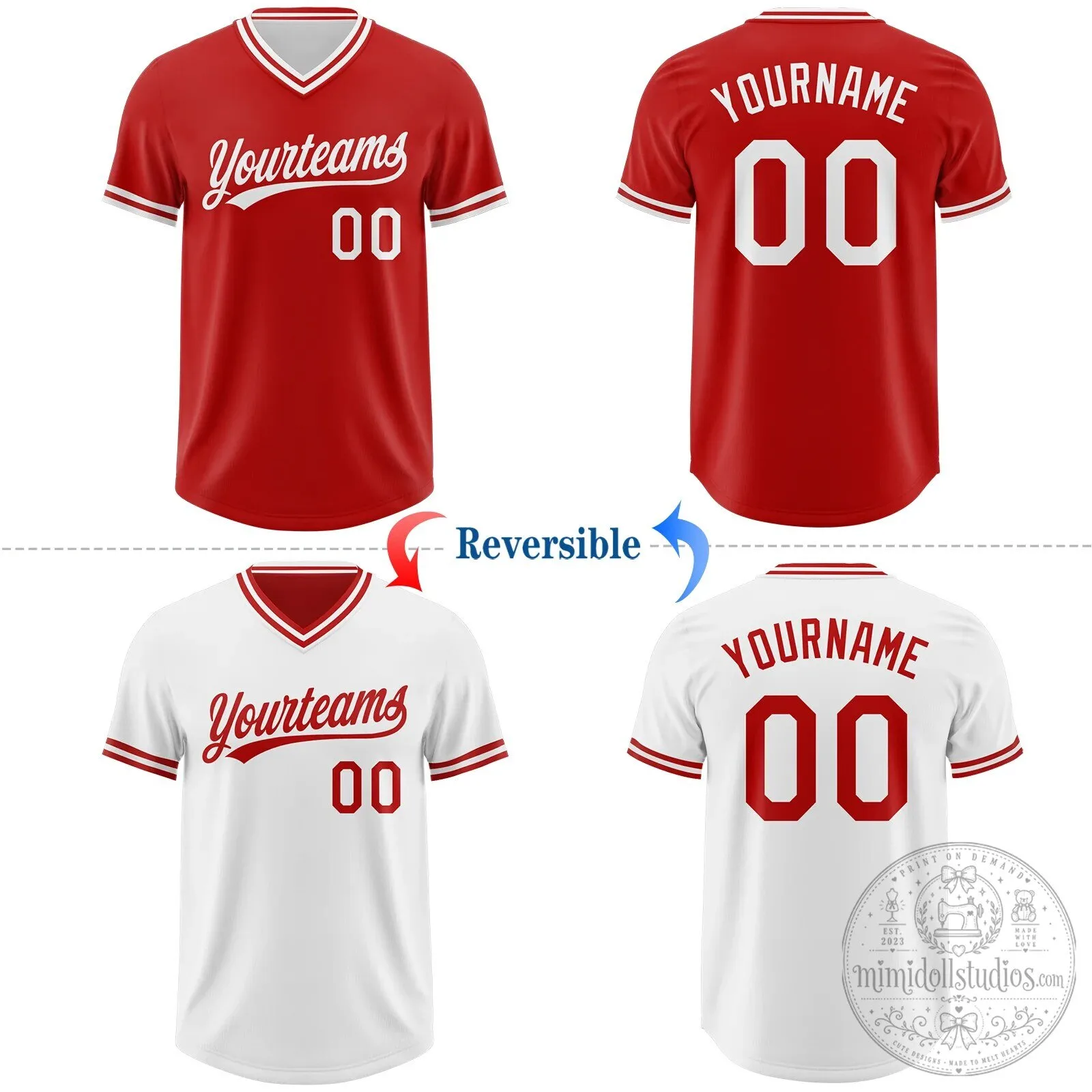 Custom Reversible Red and White V-Neck Baseball Jersey Shirt 12 Custom Reversible Red and White V-Neck Baseball Jersey Shirt