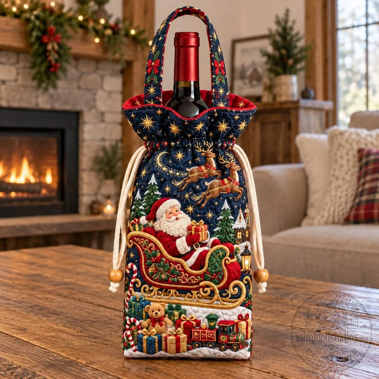 Santa Claus Sleigh Ride Quilted Wine Bottle Carrier Bag