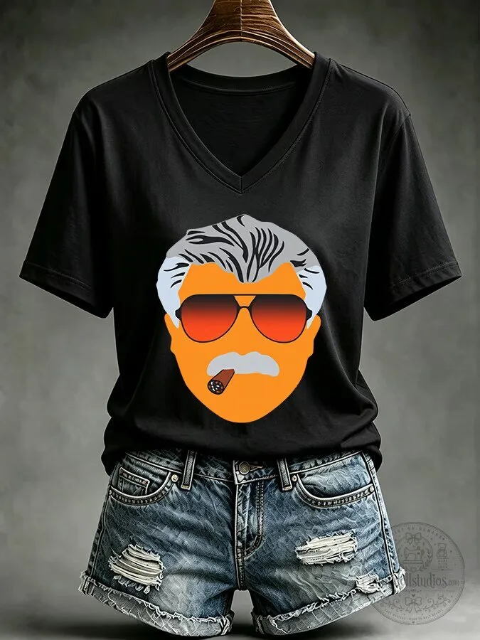 Funny Cartoon Man with Cigar and Sunglasses V-Neck T-Shirt