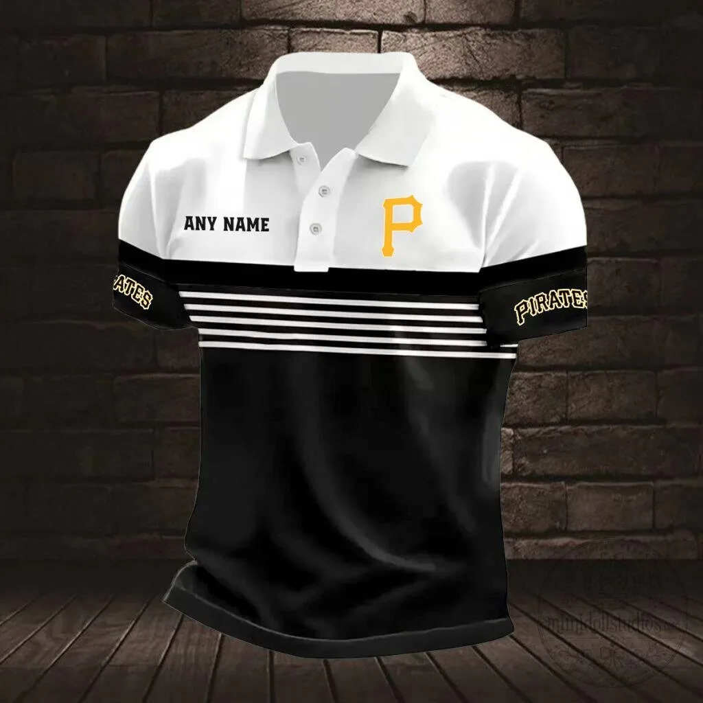Pittsburgh Pirates Personalized Name Striped Black And White Polo Shirt