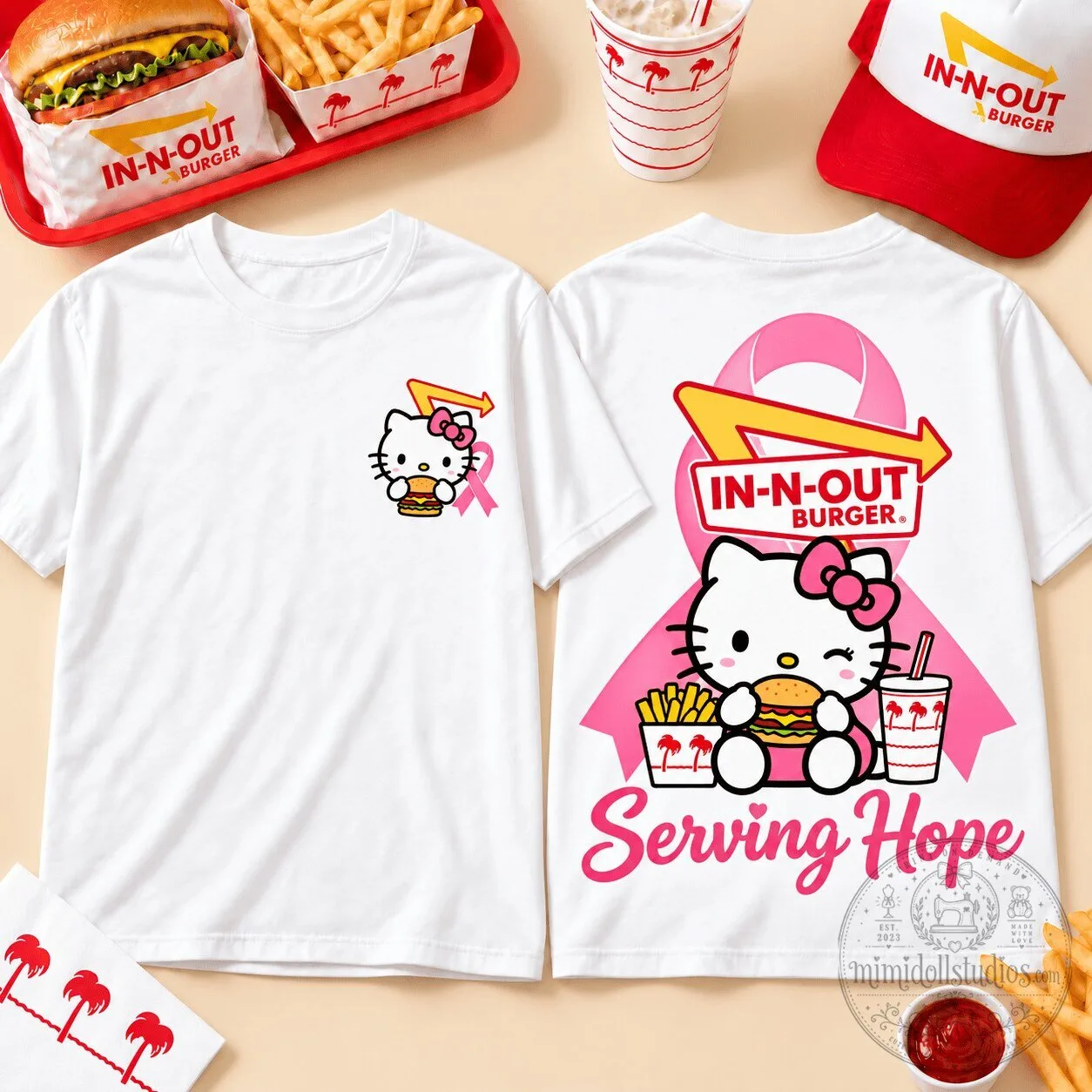 Hello Kitty In-N-Out Burger Serving Hope Pink Ribbon Breast Cancer Awareness T-Shirt