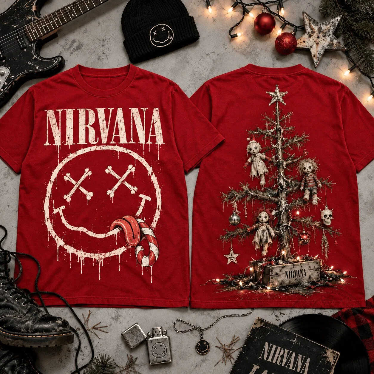 Grunge Rock Band T-Shirt featuring Nirvana's Skeleton Smiley Face and Christmas Tree Design